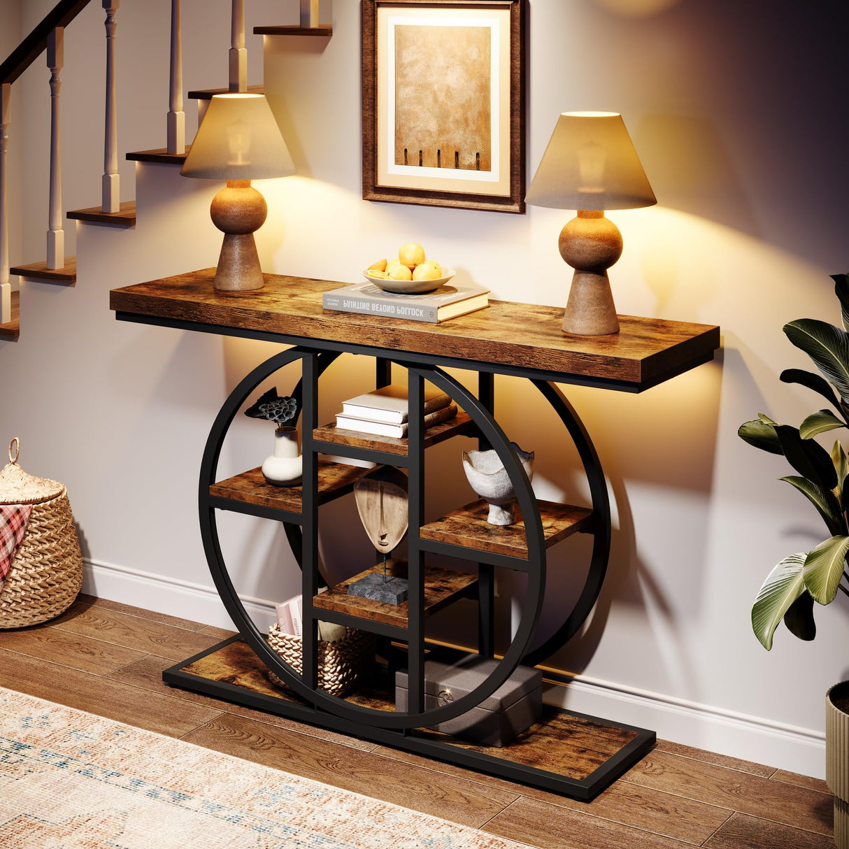 Celaform 41" Console Table, 4-Tier Entryway Table with Circle Base, Industrial Narrow Wood Sofa Accent Tables with Storage Shelves for Living Room, Hallway, Foyer, Rustic Brown Celaform