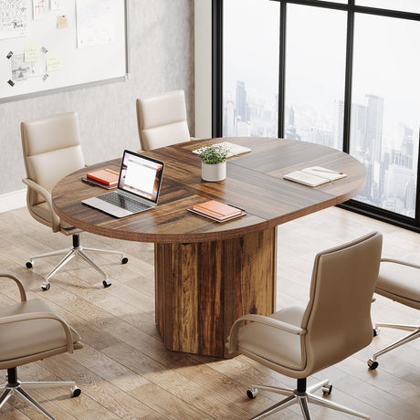Tribesigns 55.12 Inches Oval Conference Table, Rustic Wood Conference Meeting Room Table for 4-6 People, Small Seminar Table with Polygon Shaped Base for Break Room Office, Large Office Desk, Brown Tribesigns