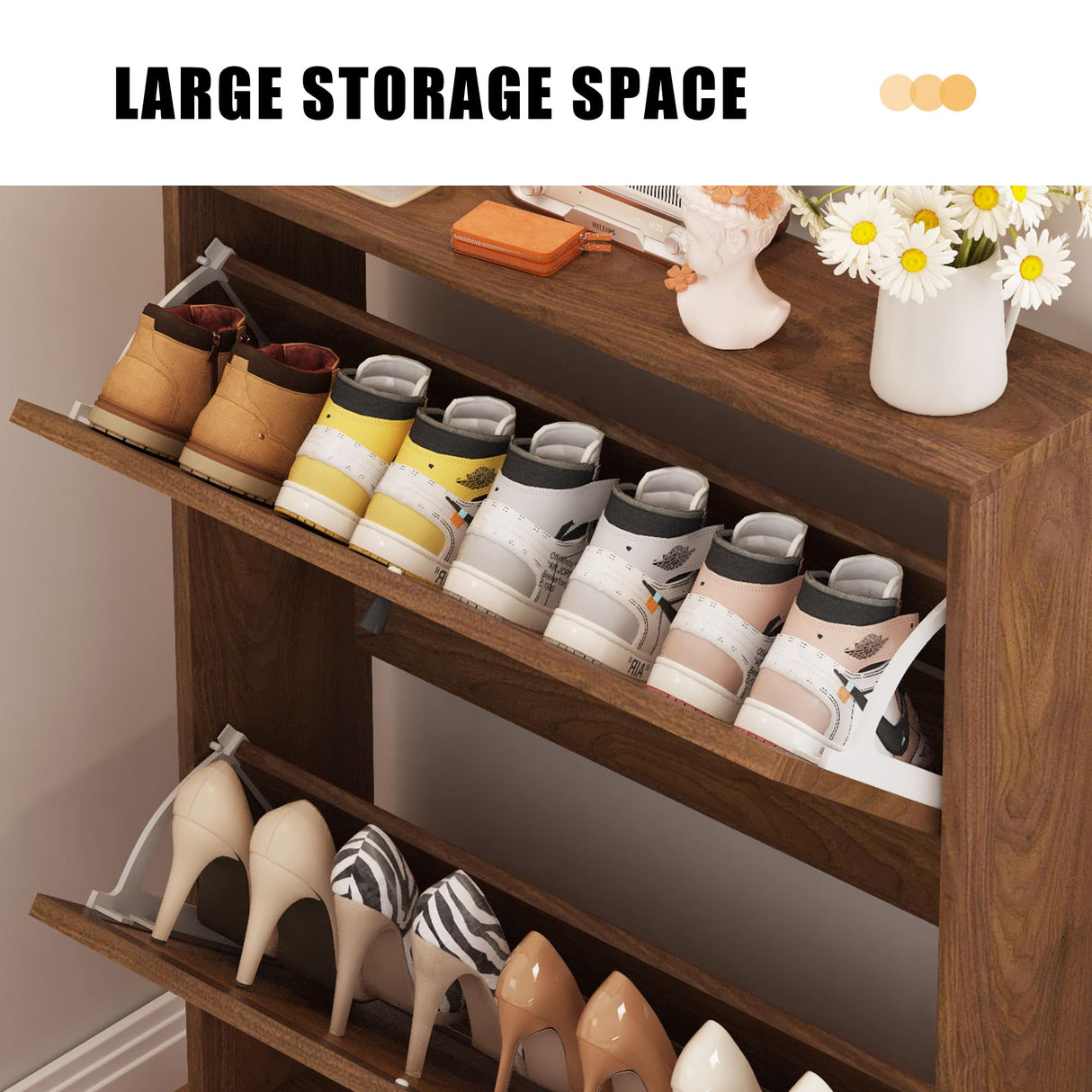 AVZEAR Freestanding Shoe Organizer with 2 Flip Drawer Doors, Entryway & Closet Shoe Storage, Linen Doors, Walnut AVZEAR