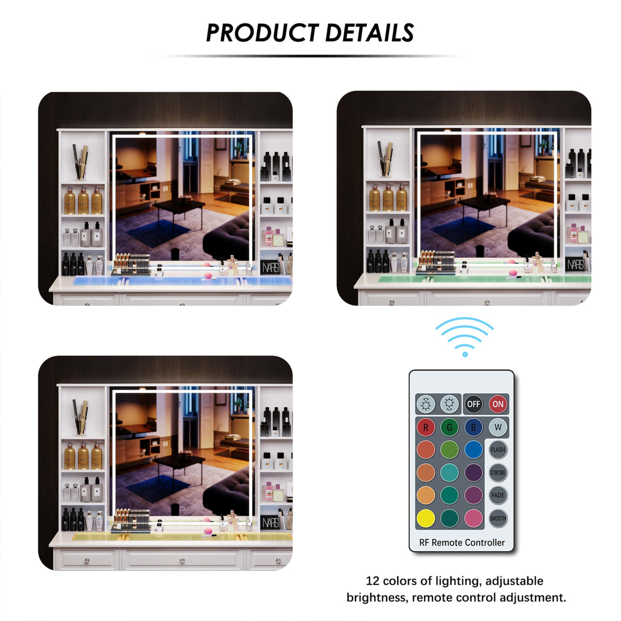 Wildhome Vanity Desk with Mirror and Lights, Glass Top Dressing Table with 9 Drawers, Makeup Vanity with Storage Bench, European Style Vanity, Adjustable Brightness Vanity for Bedroom(White) Wildhome