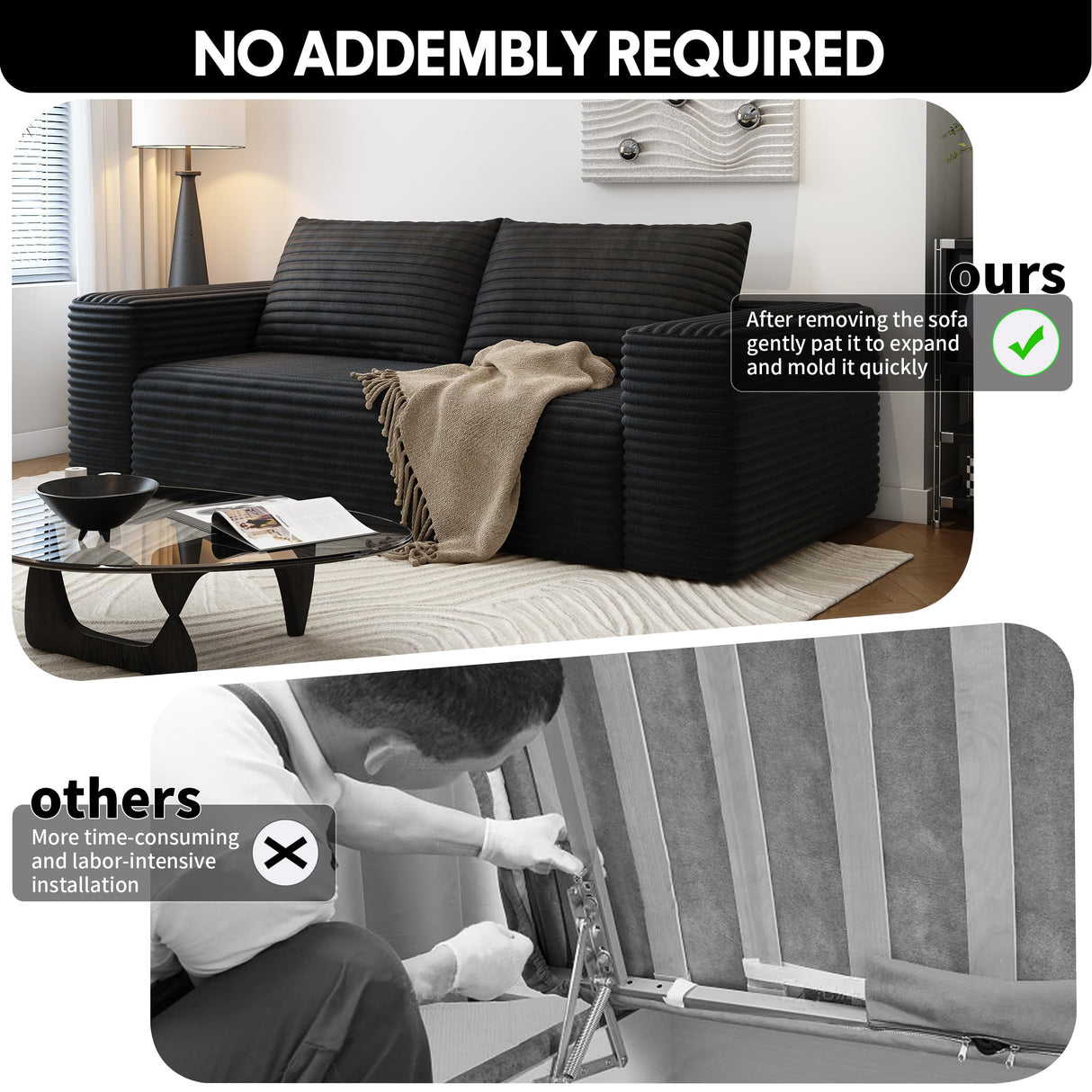 63" Loveseat Sofa,Modular Couch with Deep Seat Memory Foam,Comfy Small Cloud Couch for Small Spaces,No Assembly Required Sofa for Living Room Bedroom,Apartment,Black Settab