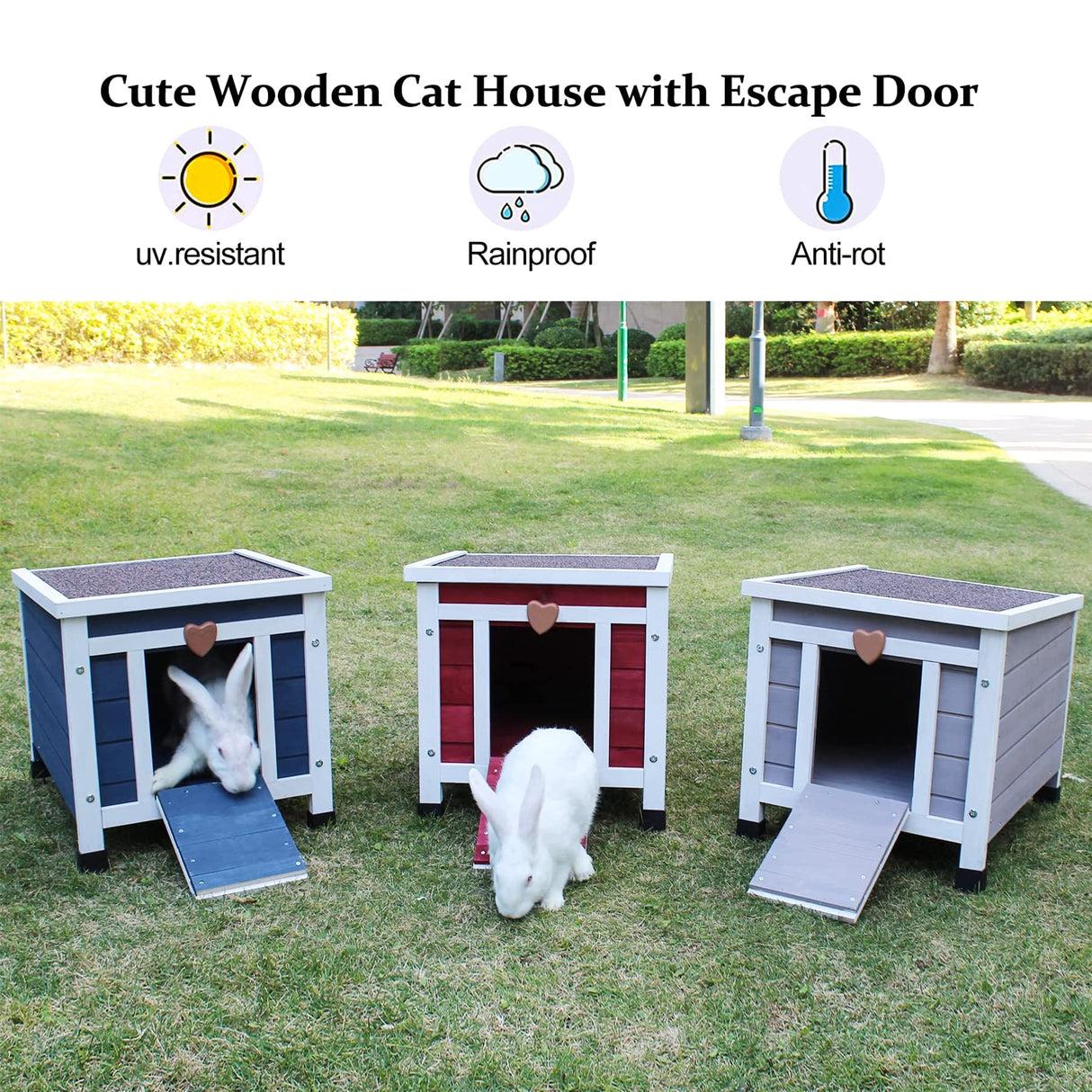 Deblue Cat House for Outdoor Cats, Weatherproof Feral Cat House, Wooden Outside Shelter for Cat, Rabbit and Small Pet Hutch-Navy Blue Deblue