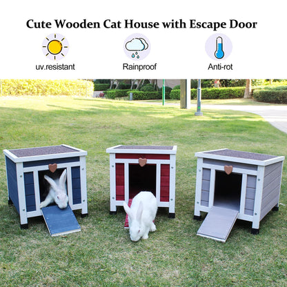 Deblue Cat House for Outdoor Cats, Weatherproof Feral Cat House, Wooden Outside Shelter for Cat, Rabbit and Small Pet Hutch-Navy Blue - WoodArtSupply