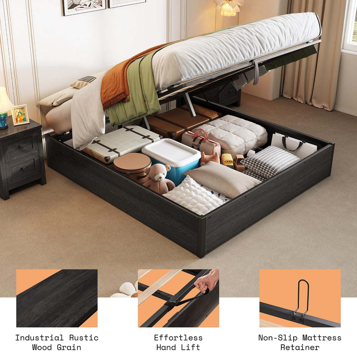 AMERLIFE Dark Oak Lift-Up Storage Bed Frame - Queen Size with Ample Under-Bed Storage AMERLIFE