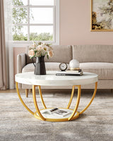 LITTLE TREE Round Coffee Table, 32" Circle Faux Marble Coffee Tables for Living Room, 2-Tier Golden Metal Legs Accent Center Table with Open Storage Modern Design Home Furniture (White and Gold) LITTLE TREE