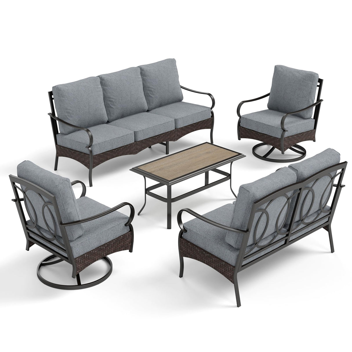 PHI VILLA Outdoor Modern Patio Furniture Set, Upgraded Wicker&Metal Patio Furniture Conversation Set with Waterproof Thick Cushions for Porch, Poolside, Deck, and Yard (5 Pieces,Grey) PHI VILLA