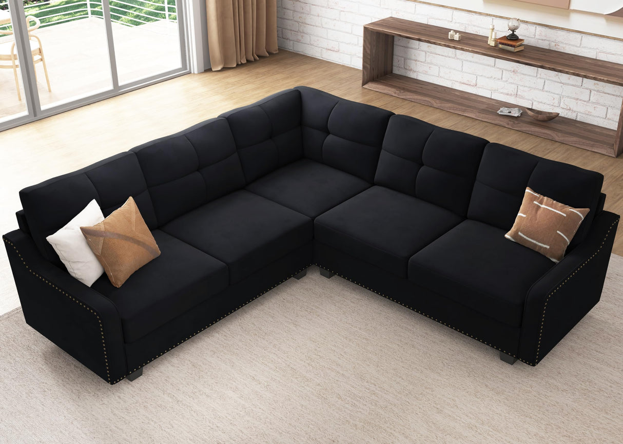 HONBAY Convertible Sectional Sofa L Shaped Couch for Small Apartment Reversible Sectional Couch for Living Room,Velvet Black HONBAY