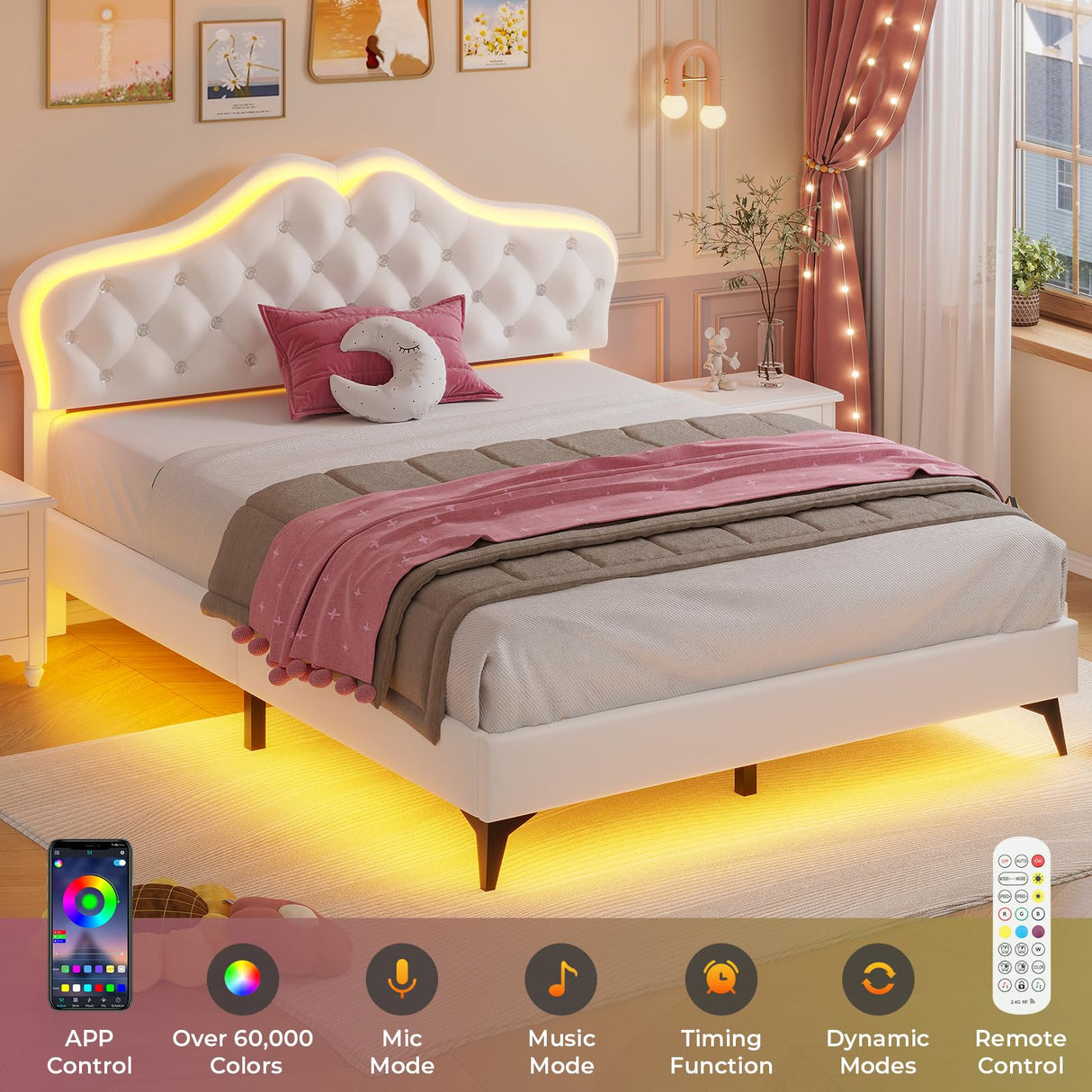ADORNEVE Full Bed Frame with RGB LED Lights, Princess Bed Frame with Adjustable Crystal Button Headboard, Velvet Upholstered Platform Bed for Girls, Solid Wooden Slats, Easy Assembly, Creamy White ADORNEVE