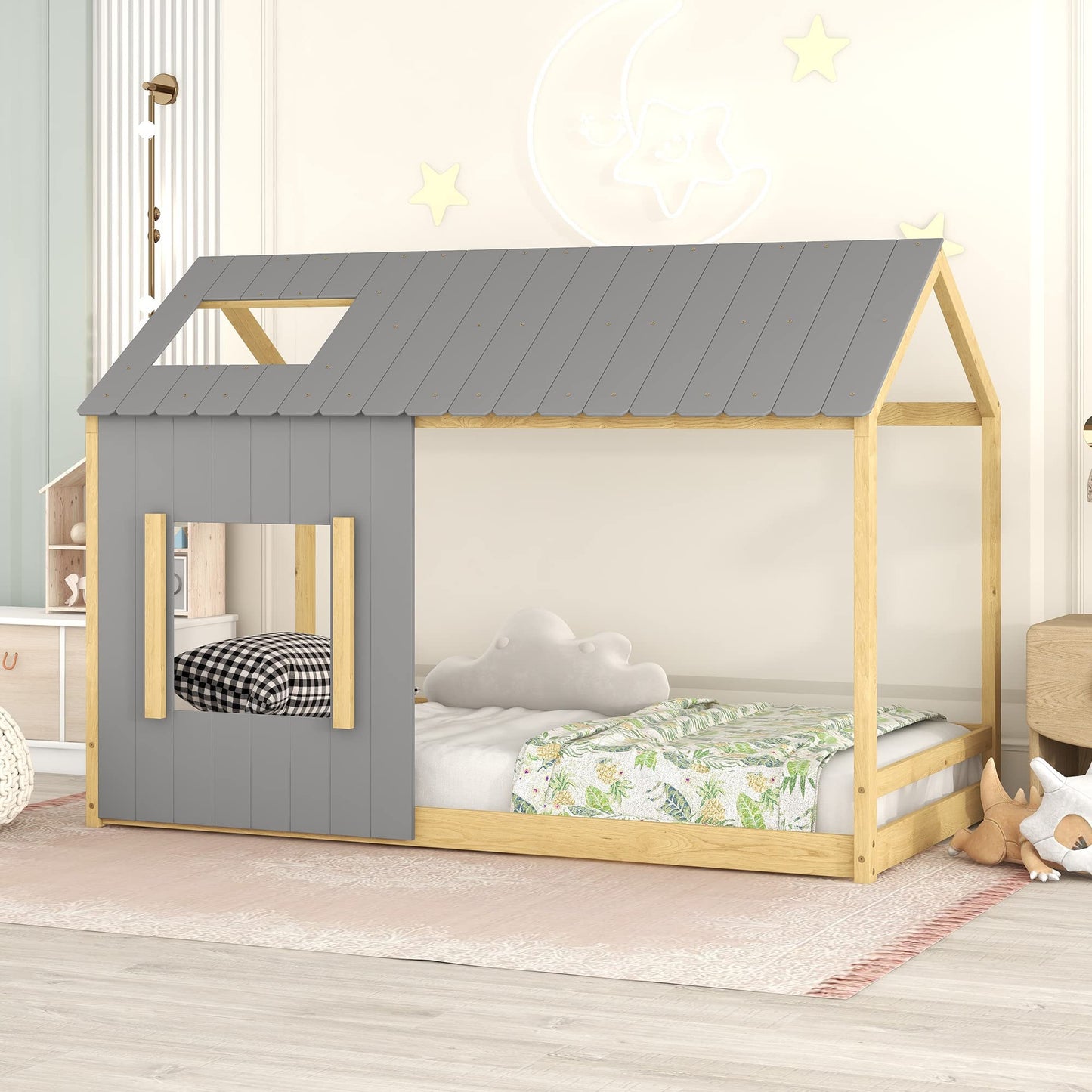 MERITLINE Twin House Bed for Kids - Montessori Playhouse Design in Gray and Natural Wood - WoodArtSupply