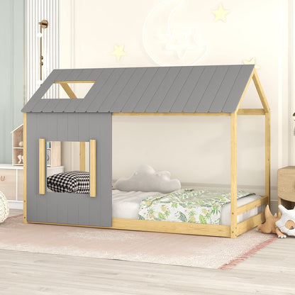 MERITLINE Twin House Bed for Kids - Montessori Playhouse Design in Gray and Natural Wood - WoodArtSupply