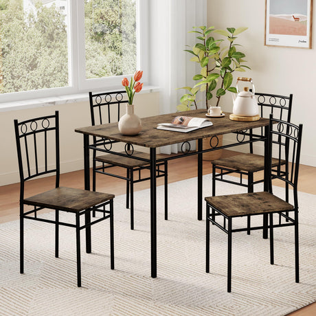 Vipbear Kitchen Dining Table Set for 4, 5-Piece Kitchen Table Set,Dining Room Table Sets,Rectangular Kitchen Table Set with 4 Chairs for Small Space, Dinette,Apartment, Rustic Brown Vipbear