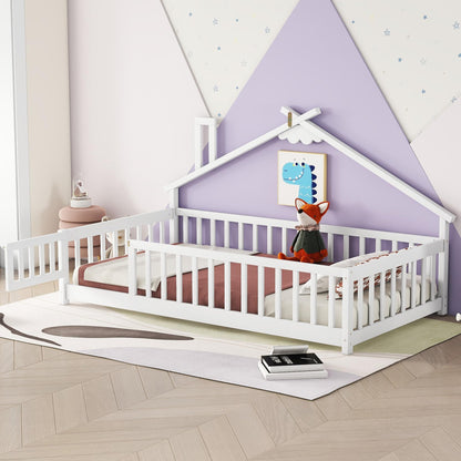 Harper & Bright Designs White Twin Montessori Floor Bed Frame with House-Shaped Roof and Guardrails - WoodArtSupply