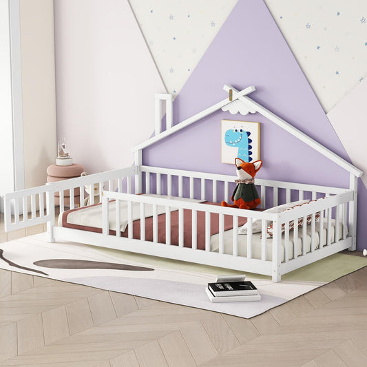 Harper & Bright Designs White Twin Montessori Floor Bed Frame with House-Shaped Roof and Guardrails - WoodArtSupply