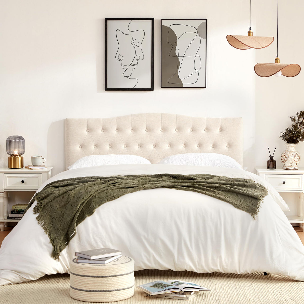 Huatean Home Tufted Upholstered Headboard Queen Size, Sturdy and Durable Solid Wood Bed headboard, Fabric Headboard Adjustable Height from 37” to 51”, Modern Button Diamond Design Head Board, Beige Huatean Home