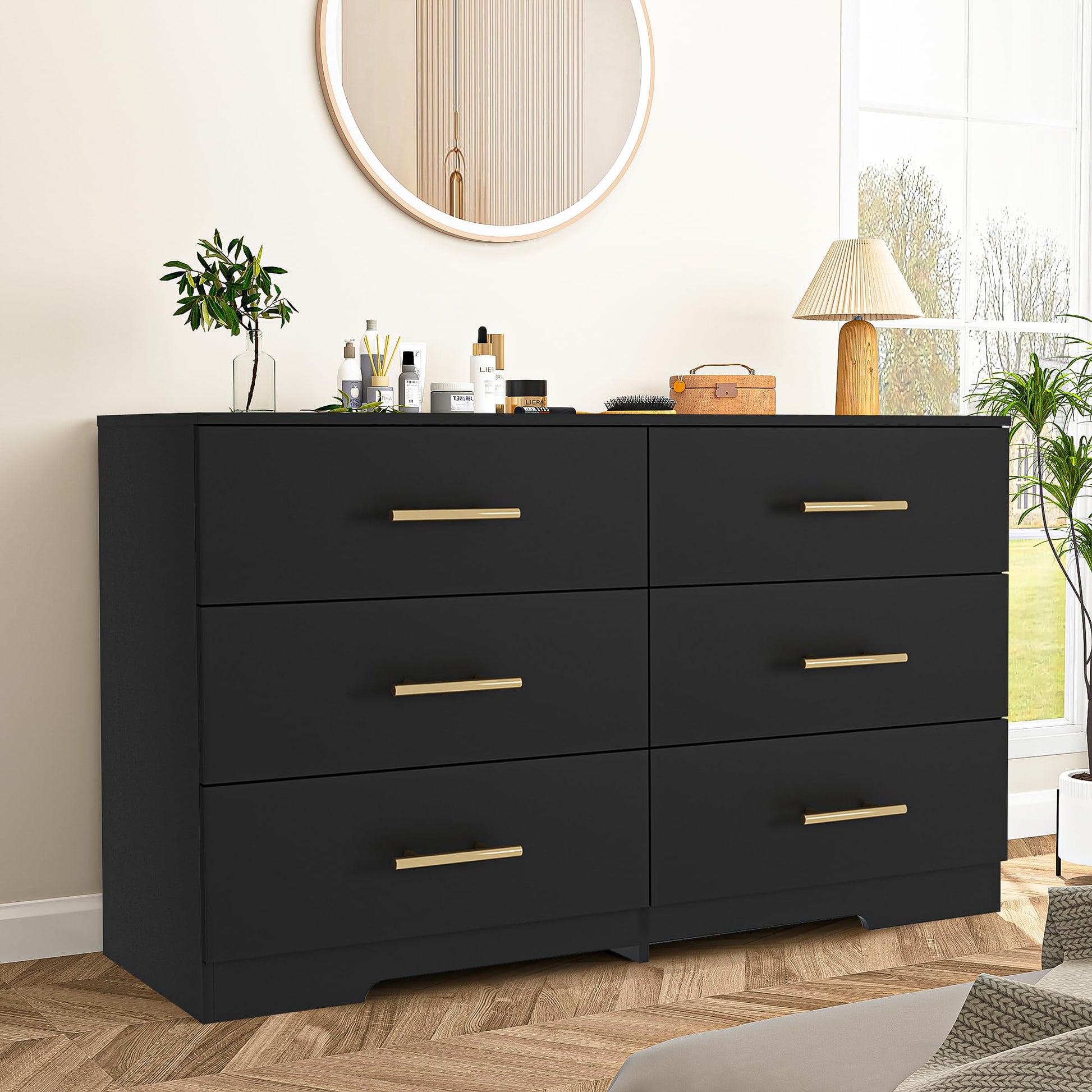 Vibe & Dine Black Dresser for Bedroom with Wide Storage, Modern 6 Drawer Dresser with Gold Handles, Wooden Chest of Drawers for Living Room - WoodArtSupply