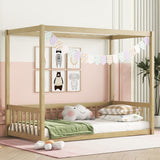 Bellemave Twin Natural Wood Canopy Bed Frame with Safety Guardrails for Kids Bellemave