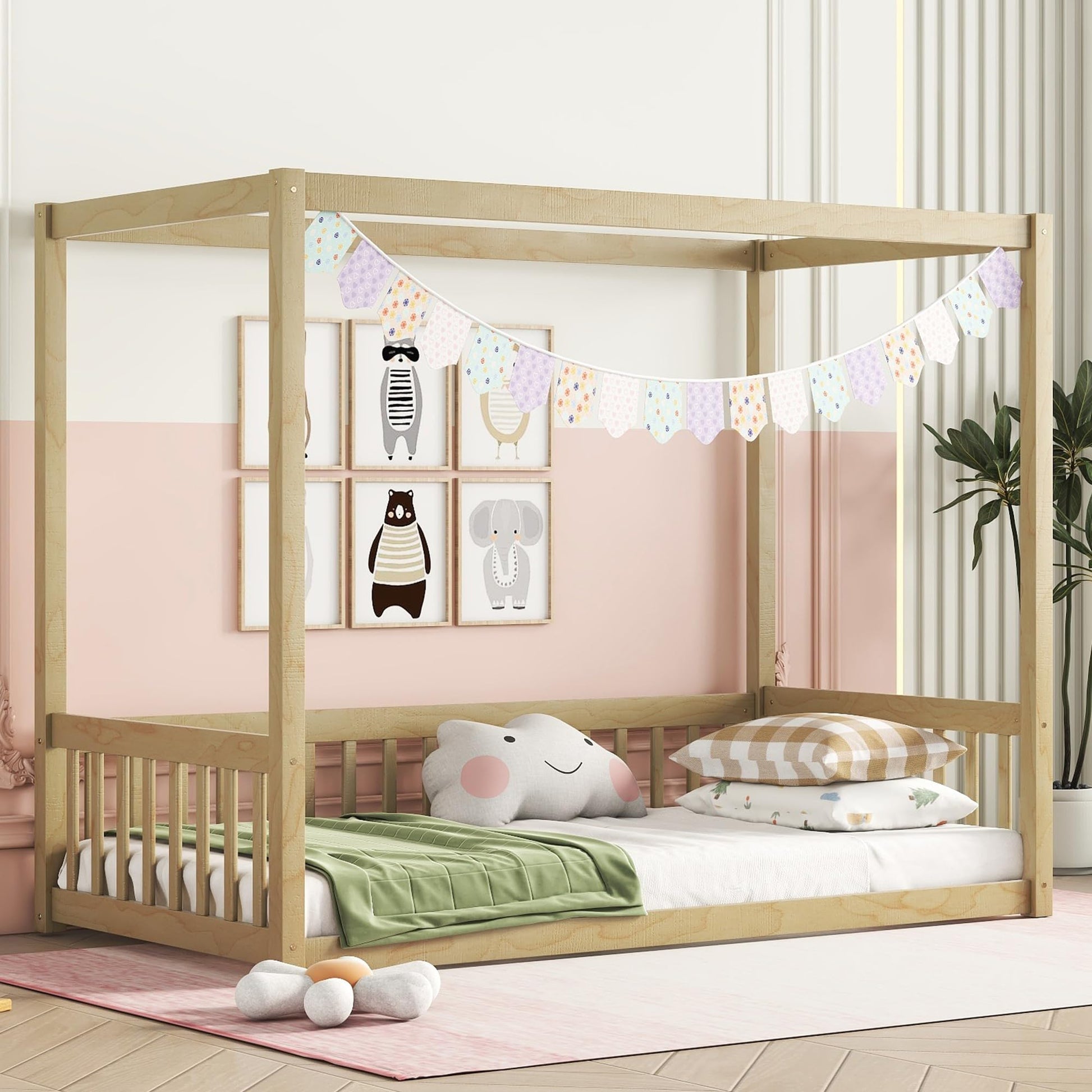 Bellemave Twin Natural Wood Canopy Bed Frame with Safety Guardrails for Kids - WoodArtSupply