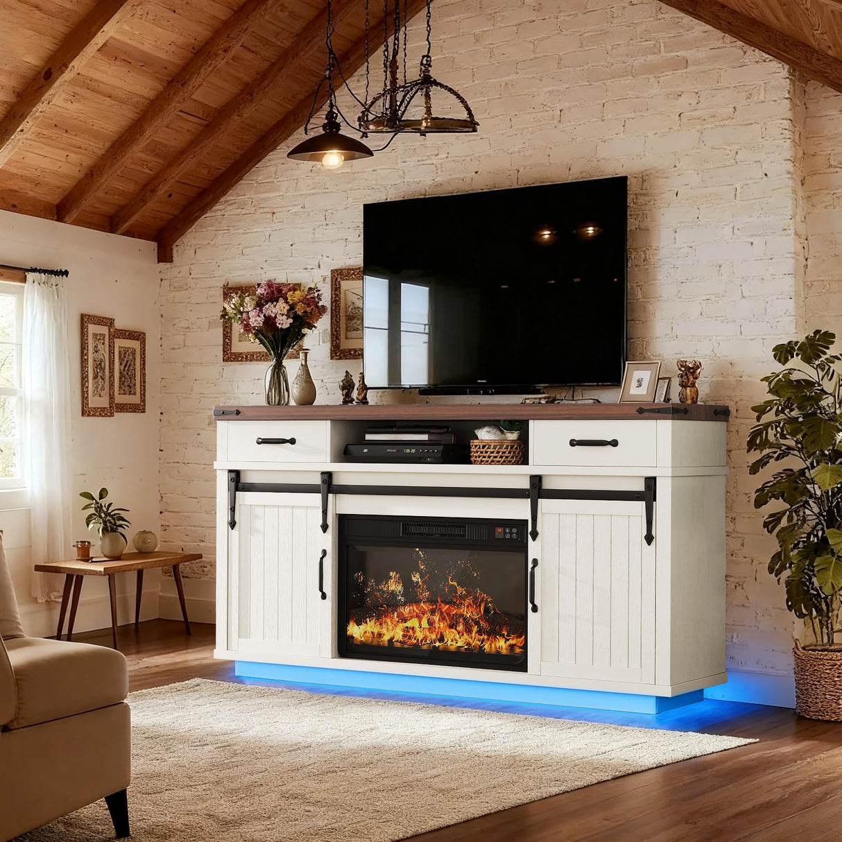 59'' Fireplace TV Stand with 3D Flame Electric Fireplace Heater, 34'' Tall Farmhouse TV Stand for 65 Inch TV, Entertainment Center TV Console with 2 Drawers, Sliding Barn Door for Living Room - White Jocoevol