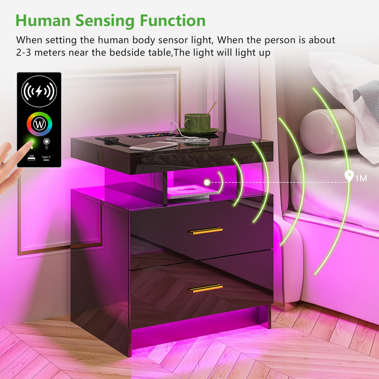 HNEBC LED Nightstand, RGB Black Night Stand with USB/Wireless Charging Station, Modern Bedside Table has Auto Sensor RGB Lights, End Side Table with 2 Drawer for Bedroom Furniture, Black HNEBC