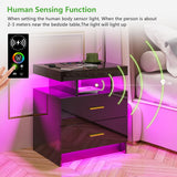HNEBC LED Nightstand, RGB Black Night Stand with USB/Wireless Charging Station, Modern Bedside Table has Auto Sensor RGB Lights, End Side Table with 2 Drawer for Bedroom Furniture, Black HNEBC