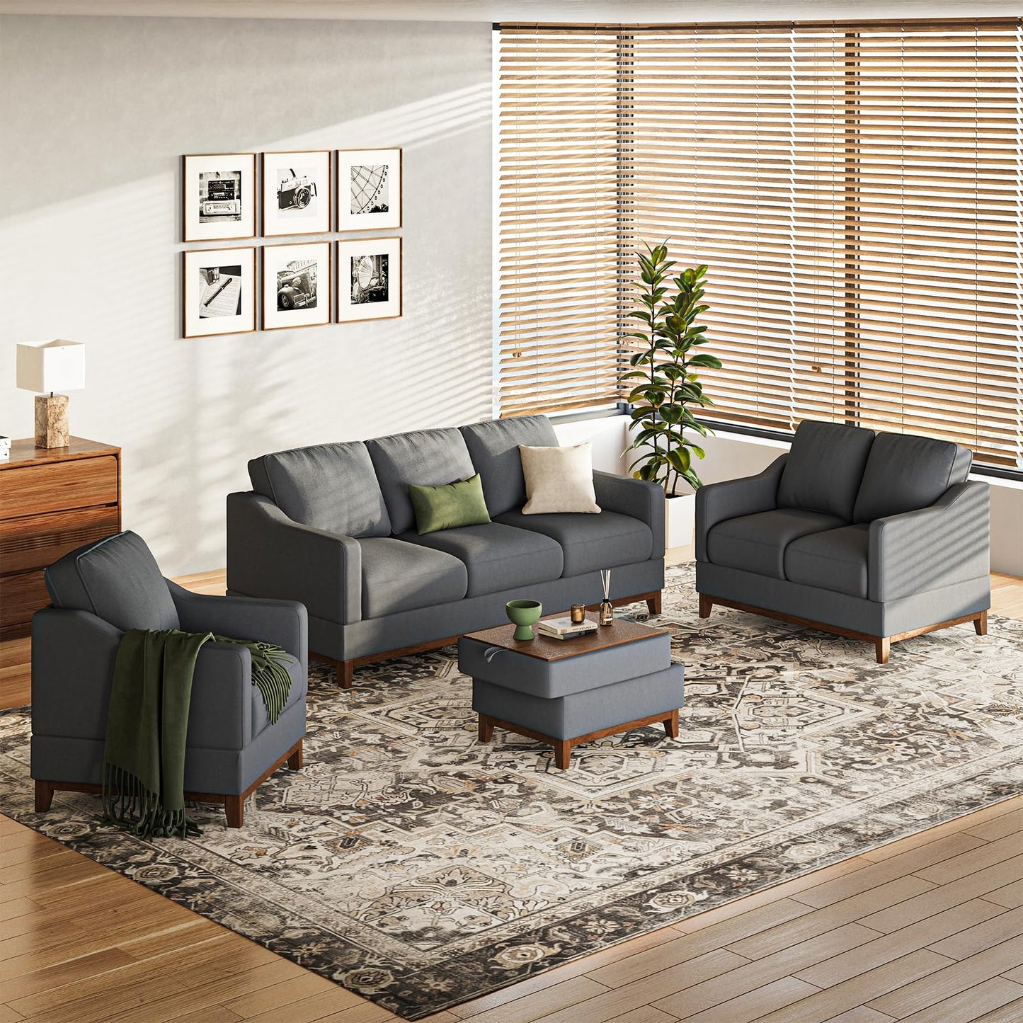 Sectional Sofa Couch Set with Coffee Table-Living Room Sofa Set with 3-Seater Couch, Loveseat Sofa and Armchair, Modern Versatile Convertible Modular Sofa Set for Living Room/Apartment-Darkgrey