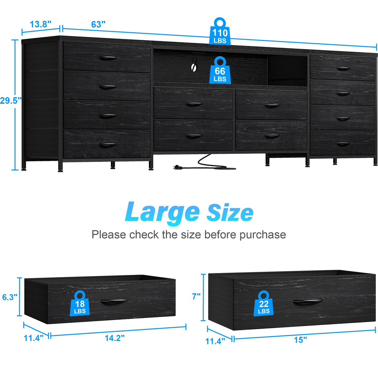 EnHomee Fits 75" TV Stand Dresser for 65 70 75 Inch TV 63"W Dresser TV Stand for Bedroom with LED Lights & Power Outlets & 12 Drawers Black Dresser for Bedroom Long Fabric Dresser Entertainment Center EnHomee