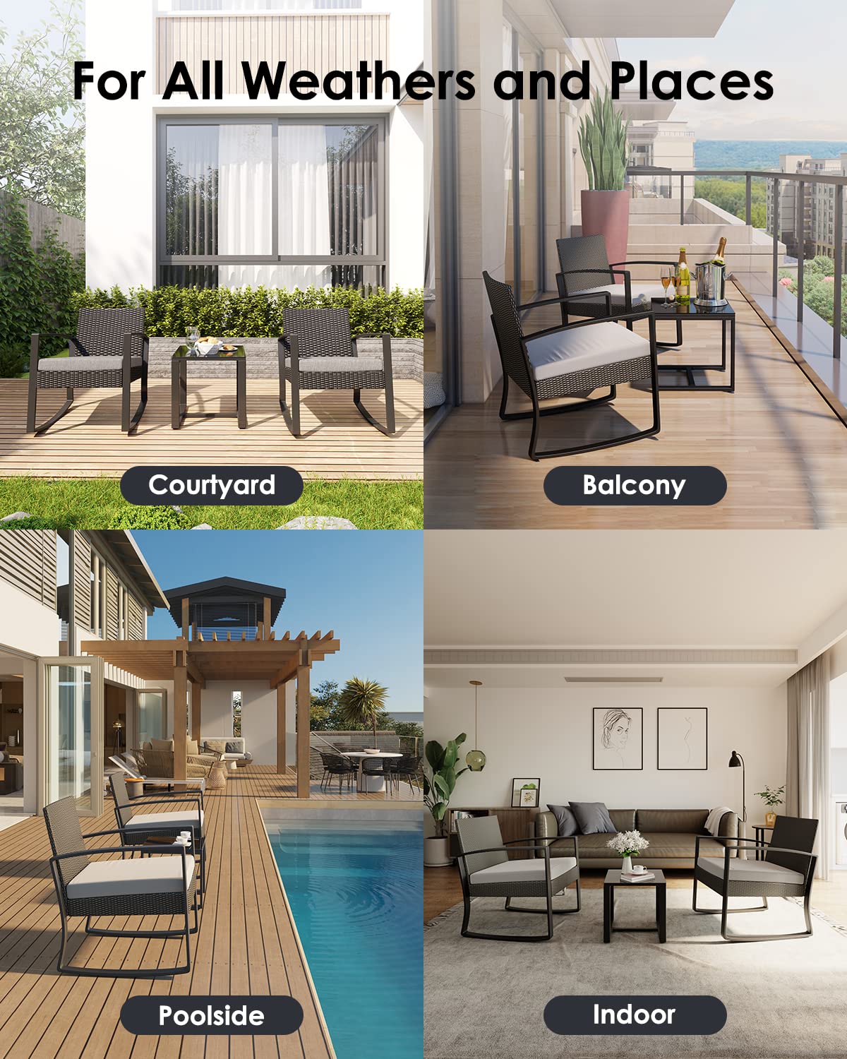 Noelse 3 Piece Wicker Patio Furniture Set, Outdoor Rocking Chairs, Outdoor Furniture with Table & Cushions, Patio Chairs Balcony Porch Furniture, Gray Noelse