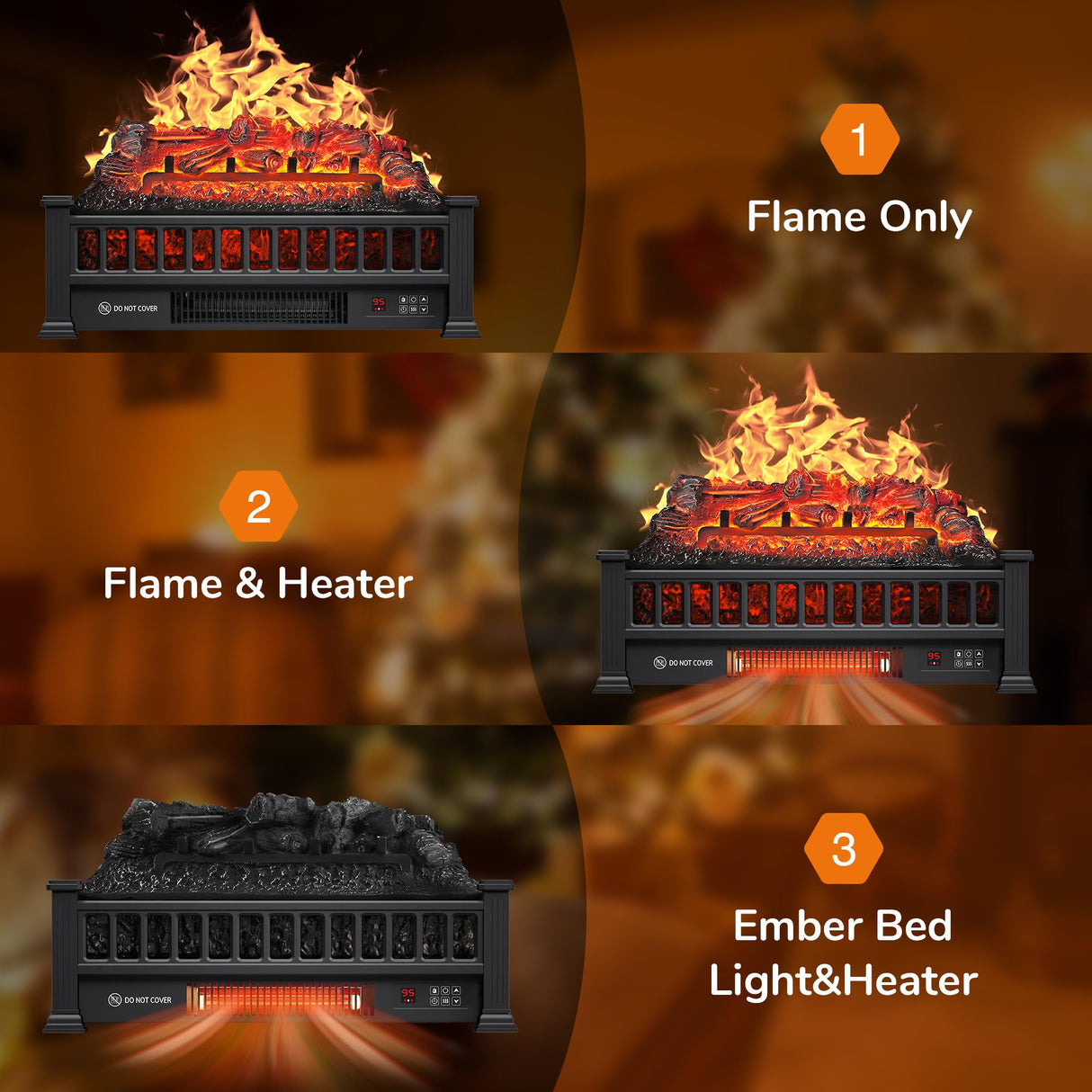 Alpaca Electric Fireplace Logs 20-Inch, Remote Controller Fireplace Insert Log Heater, Adjustable Flame Colors, Realistic Fake firewood Flame, Overheat Protection, Timer, Thermostat, 1500W Black Alpaca