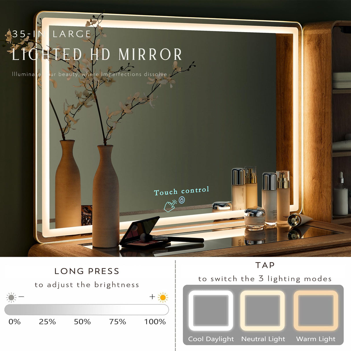 RedLemon 48" Vanity Desk with 36" HD Lighted Mirror and Lights, Mid-Century Modern Makeup Vanity with 5 Drawers & Glass Tabletop, Wood Dressing Table for Bedroom (Natural Oak) RedLemon