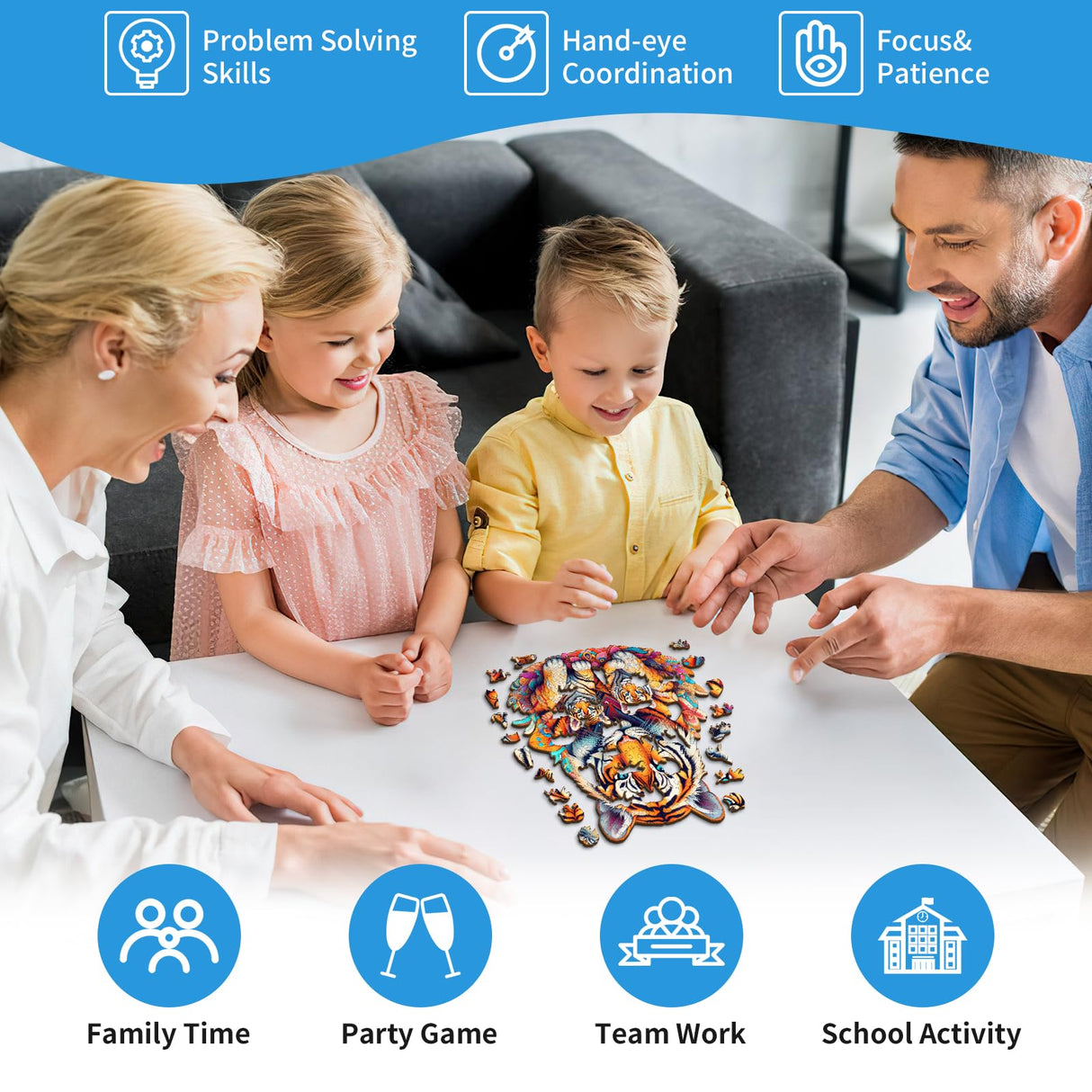 Woodemon Wooden Puzzles for Adults, Tiger Family (M-190pcs) Wooden Jigsaw Puzzles Kids, 11.2 * 11.8in Unique Shaped Animal Wood Puzzles Adults, Fathers Birthday Family Games Woodemon