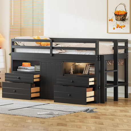 Merax Twin Size Loft Bed with 4 Storage Drawers, Cabinet and Shelves for Bedroom, Children's Room, Wooden Bed Frame with Guardrails on Both Sides for Teens, Boys, Girls, Easy Assembly, Espresso Merax