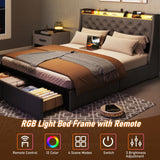 SADENICEL Queen Bed Frame with Storage Headboard and 2 Drawer, Metal Queen Size Bed Frame Platform with LED Light, Charging Station, No Box Spring Needed, Noise Free, Easy Assembly, Grey SADENICEL