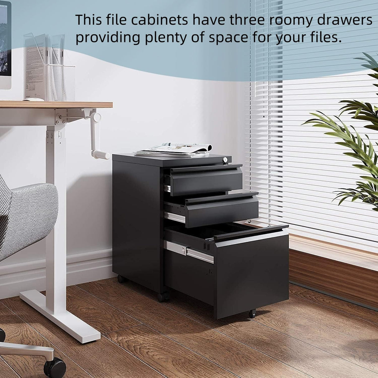 Guizeeopo Filing Cabinets for Home Office, Mobile File Cabinet with Lock, 3 Drawer Filing Cabinet for A4/Letter/Legal Size Folder, Fully Assembled Except Casters, Matte Black Guizeeopo