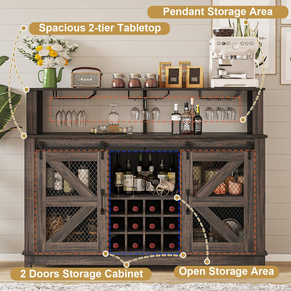 PUKAMI 55" Farmhouse Coffee Bar with LED Lights, Coffee Bar Cabinet with Storage and Hutch, Wine Bar with Sliding Barn Door & Wine and Glass Rack for Living Room, Kitchen (Brown) PUKAMI
