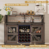 PUKAMI 55" Farmhouse Coffee Bar with LED Lights, Coffee Bar Cabinet with Storage and Hutch, Wine Bar with Sliding Barn Door & Wine and Glass Rack for Living Room, Kitchen (Brown) PUKAMI