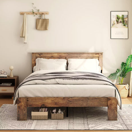 Rustic Vintage King Size Bed Frame with Wood Headboard & Footboard – No Box Spring Needed, Supports 800lbs NNOOTK