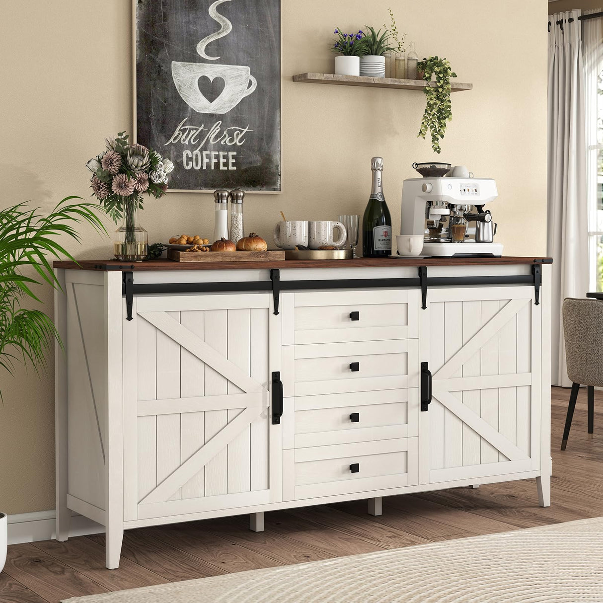 GlouMod 60" Farmhouse Buffet Cabinet with Storage, Sideboard with Shelves and Sliding Barn Door, Neoclassical White Dresser for Bedroom, Coffee Bar Cabinet for Kitchen, Living Room GlouMod