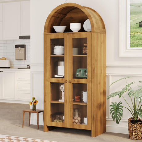 GarveeHome 70" Tall Arched Kitchen Pantry Cabinet with Acrylic Doors - 5-Tier Wooden Storage Cabinet with Adjustable Shelves, Modern Bookshelf for Living Room and Dining Room, Oak GarveeHome