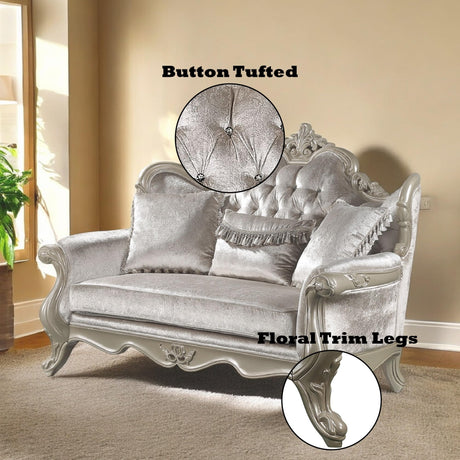 Acme Libertee Upholstered Loveseat with 3 Pillows in Beige and Champagne Acme