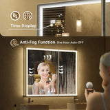 QueenFun 24x32 Lighted Medicine Cabinet with Mirror, Beveled Brushed Nickel Framed Surface or Recessed Fogless Dimmable LED Medicine Cabinet with Outlet, Time Display and Sensor Inner Light QueenFun