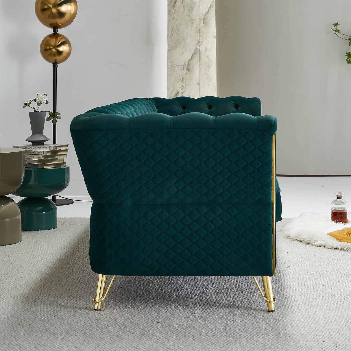 Tmsan 87.4" Velvet Sofa Couch, Mid-Century Modern Chesterfield Loveseat Classic Button Tufted 2 Seater Couch with Golden Legs for Living Room Office Bedroom (Emerald) Tmsan