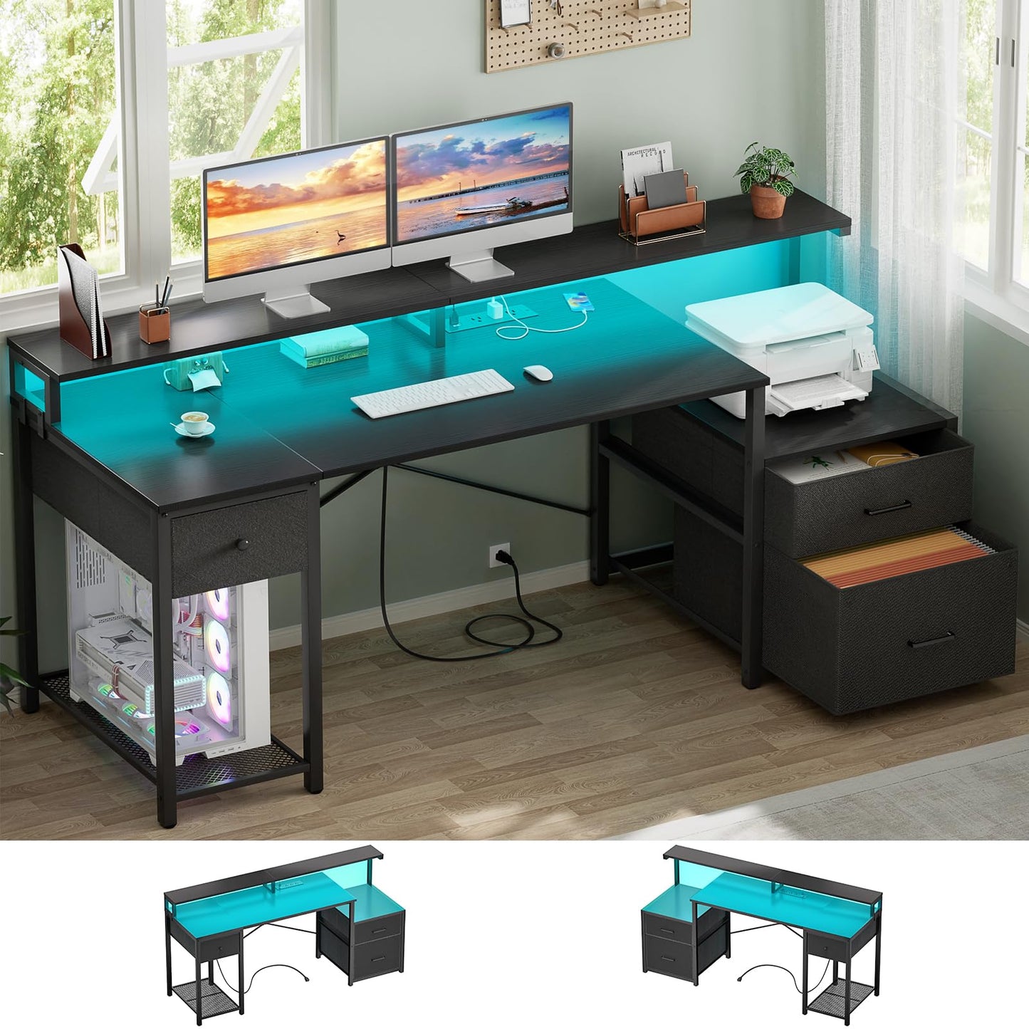 Aheaplus Computer Desk with 3 Drawers, Home Office Desk with File Drawer & Power Outlet, 59'' Gaming Desk with Led Lights, Long Work Desk with Storage Shelves, Printer Cabinet and Monitor Shelf, Black