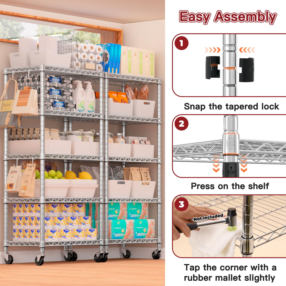 PrimeZone 75" H Wire Shelving 5 Tier Slim Steel Storage Metal Shelves with Wheels,Adjustable Kitchen Utility Shelving Unit,Pantry Rack Rolling Metal Shelf Chrome 24" Wx18 Dx75 H PrimeZone