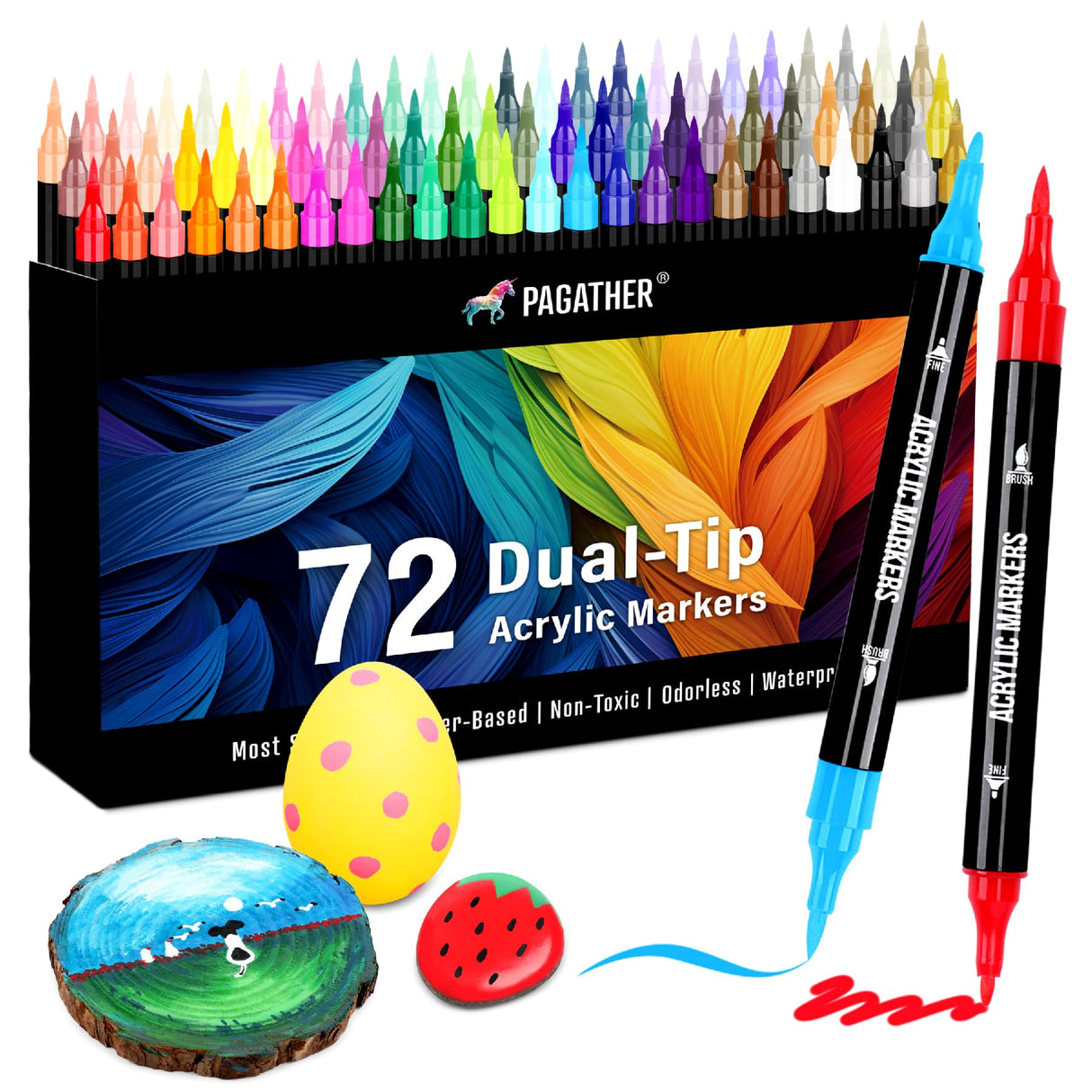 72 Colors Acrylic Paint Markers, Dual Tip with Fine Tip and Brush Tip Pens for Stone, Wood, Calligraphy, Canvas, Ceramic, Metal, Glass, Rock Painting, DIY Crafts Pagather