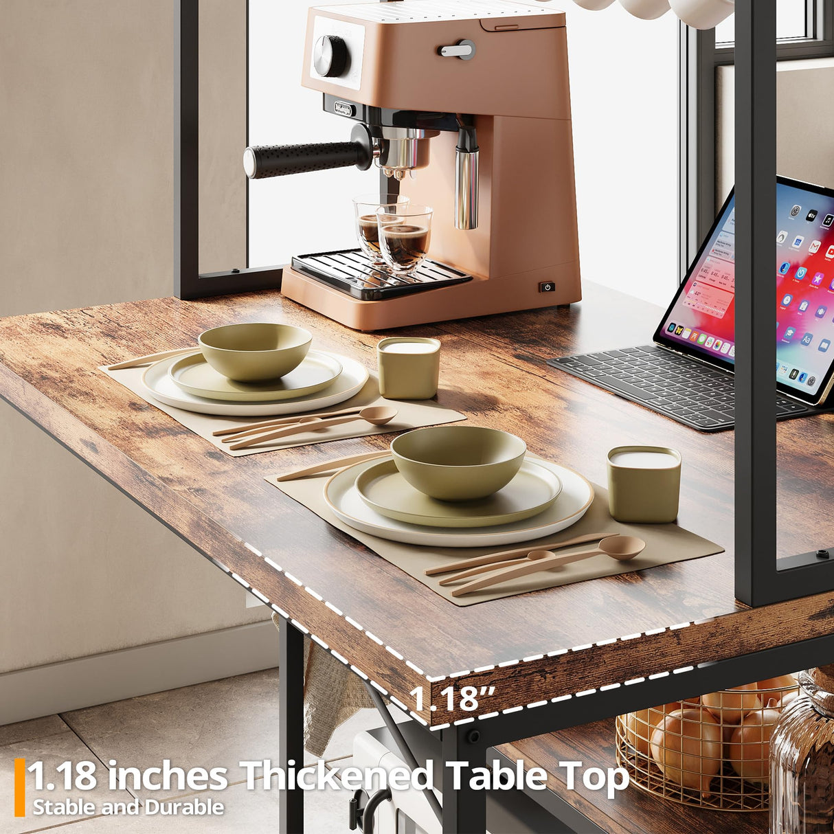 IRONCK Kitchen Island with Stools, Dining Table Set with Storage and Power Outlet, Industrial Coffee Bar Table for Kitchen Dining Living Room, 10 Hooks (Vintage Brown) IRONCK