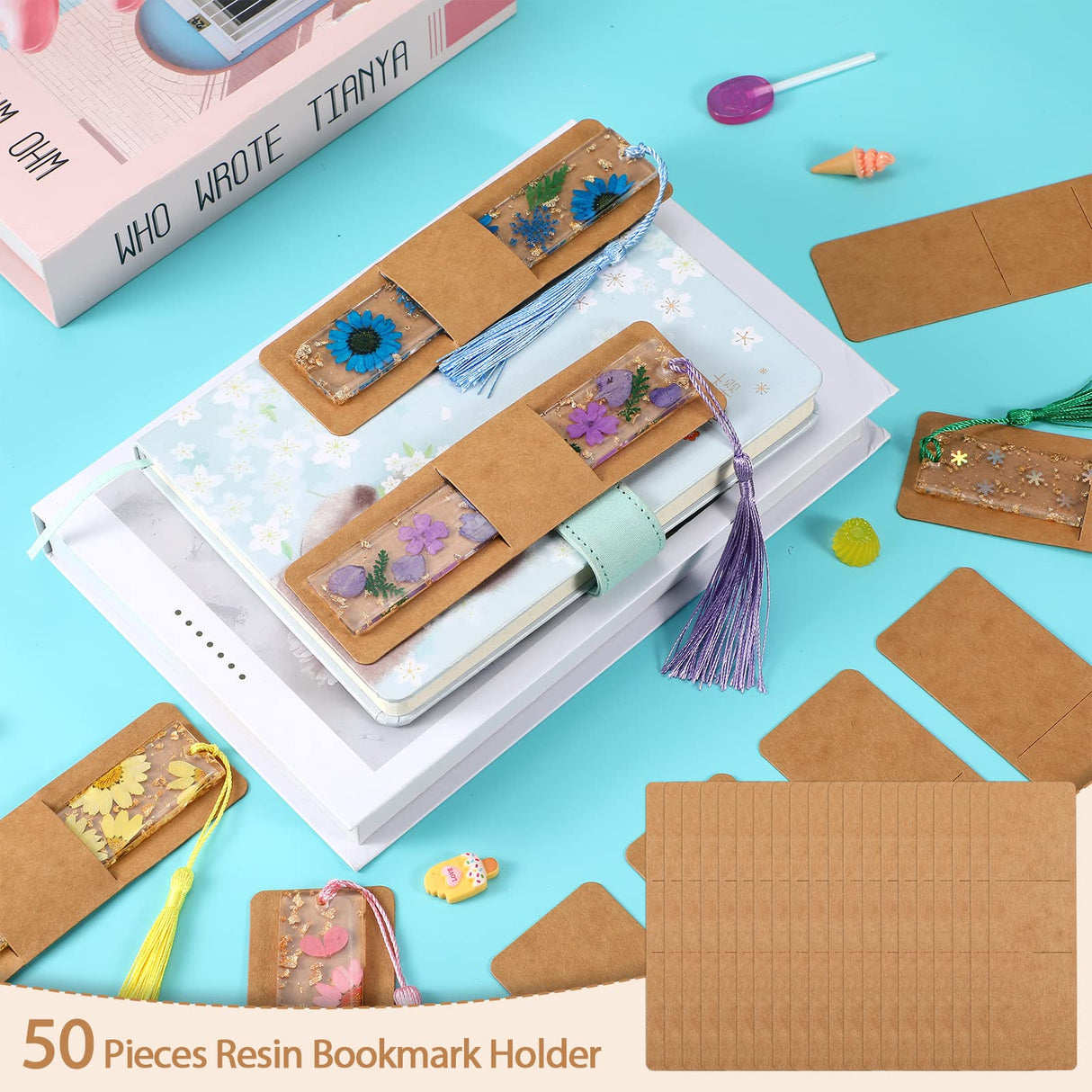 Fumete 50 Pieces Resin Bookmark Holder 5.9 x 1.8 Inches Kraft Sleeves DIY Bookmarks Display Cards for Wrapping Small Business Packaging Supplies Party Favor Gift (Brown, Cute) Fumete