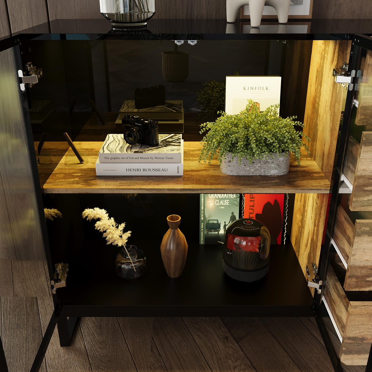 Hitow High Gloss Curio Display Cabinet for Collectibles, 63" W Lighted Bookshelf, Metal and Wood Bookshelf with Glass Doors & Drawers, Rustic Glass Display Case for Living Room, Black & Wood Grain Hitow