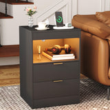 Yusong Night Stand with Gun Drawer & Invisible Lock, Bedside Table, LED Nightstand with Charging Station, Modern Night Stand, Wood Sofa Couch End Side Table with 2 Pull-Out Shelf, Black Yusong
