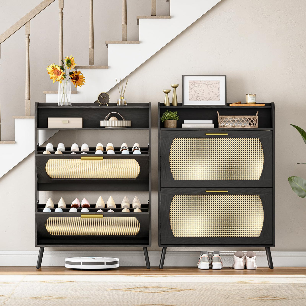 HOOBRO Rattan Shoe Storage Cabinet, Shoe Cabinet Storage for Entryway, Shoe Organizer with 2 Flip Drawers, Narrow Shoe Cabinet with Adjustable Shelves for Hallway, Living Room, Black BN80SC01 HOOBRO