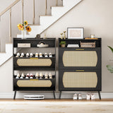 HOOBRO Rattan Shoe Storage Cabinet, Shoe Cabinet Storage for Entryway, Shoe Organizer with 2 Flip Drawers, Narrow Shoe Cabinet with Adjustable Shelves for Hallway, Living Room, Black BN80SC01 HOOBRO
